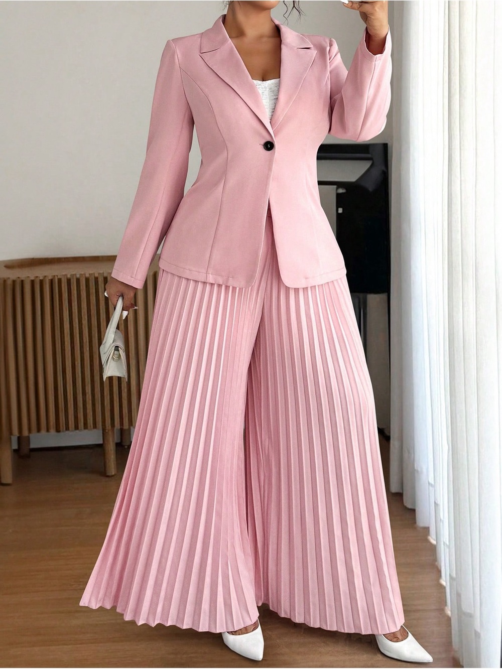 Blush Pink Pleated Wide-Leg Pants with Coordinating Blazer